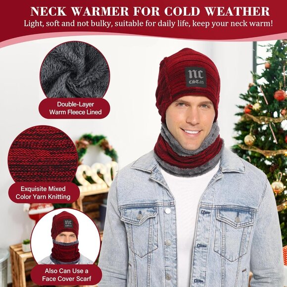 🆕 Men Red Fleece Lined Winter Cap Beanie Scarf Set Knit Neck Warmer Nice Hat - Picture 3 of 5